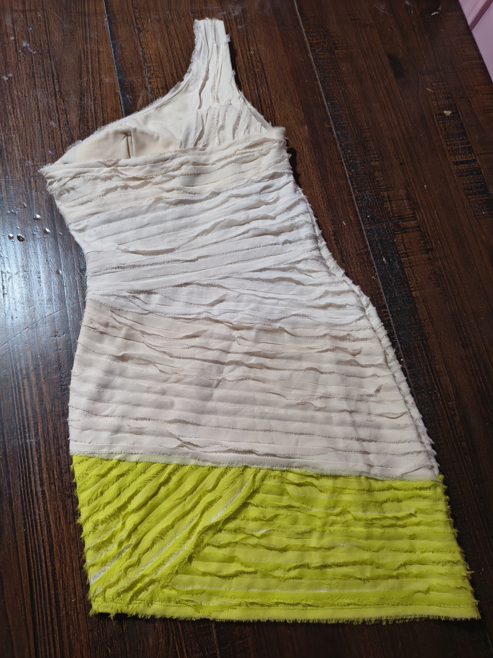 Bebe One-Shoulder Ruffled Mini Dress in Cream and Lime - Picture 13 of 16